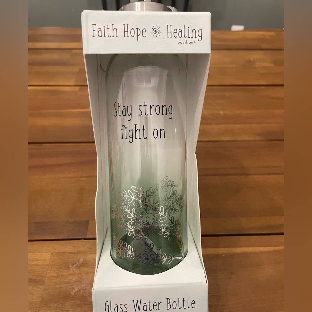 NEW pavilion gift company glass water bottle : stay strong fight on